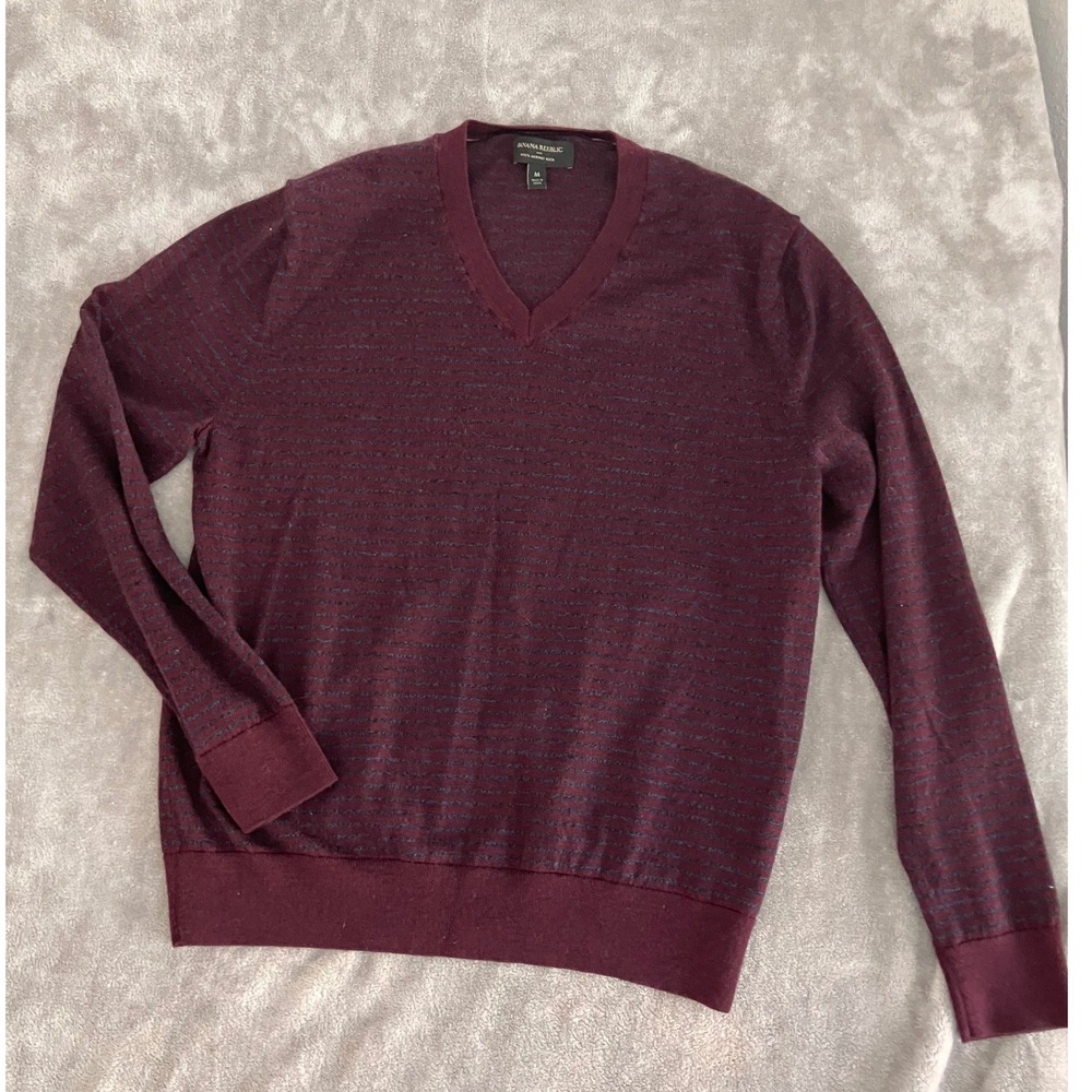 Banana Republic Merino Wool V Neck Striped Sweater Mens M Burgundy Gray Layering